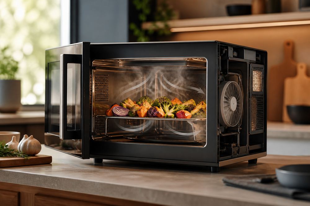 Cutaway-style kitchen counter scene showing a microwave browning vegetables on a metal rack, with visible fan airflow arrows rendered as steam wisps.
