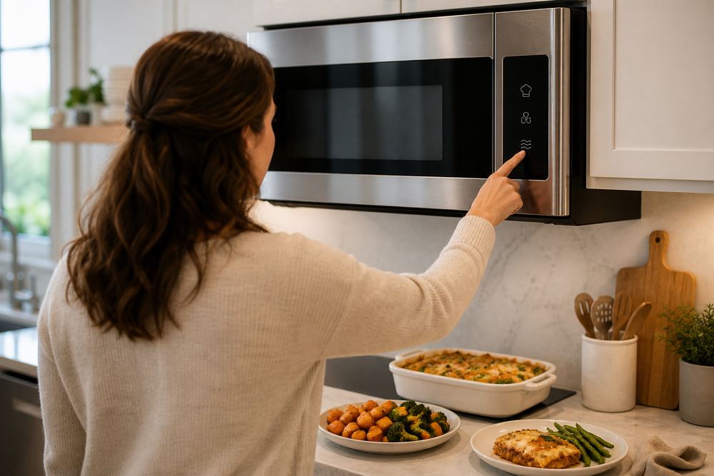 Over-shoulder view of a home cook selecting bake, roast, and reheat icons on a stainless convection microwave above prepared weeknight dishes.