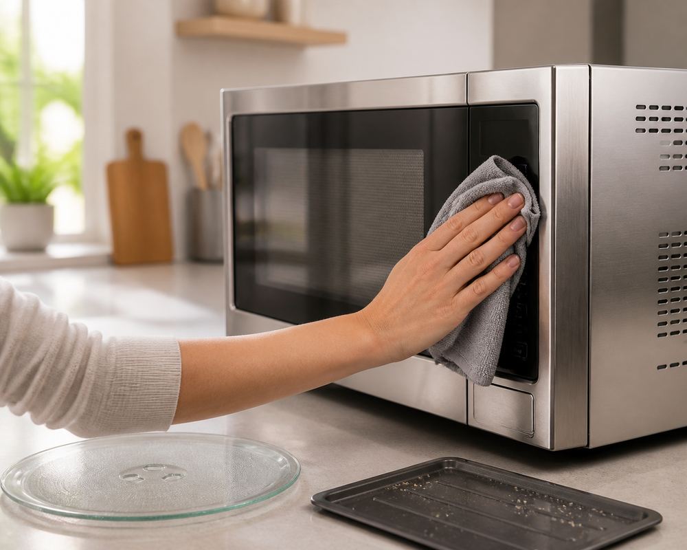 Side-view of a hand wiping a stainless convection microwave touchpad, removable turntable and crumb tray on a clean kitchen counter nearby.