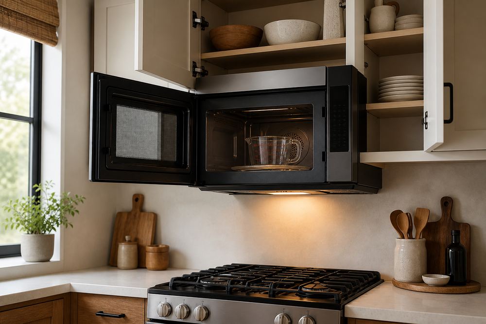Side-view of a compact convection microwave above a range, cabinet doors open, measuring cup inside, vent hood light glowing.