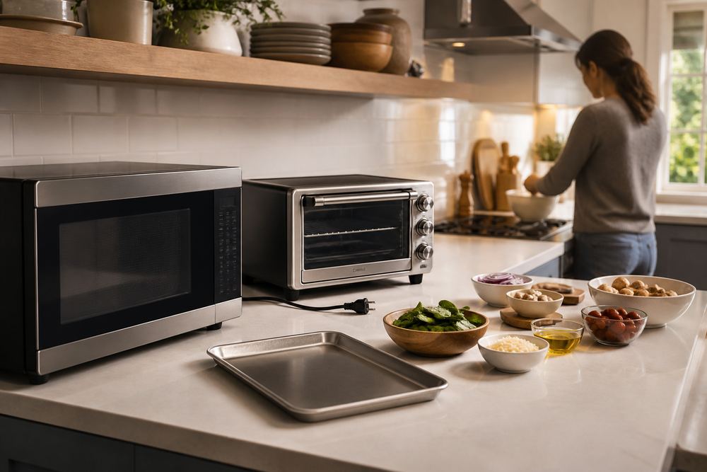 Side-angle kitchen counter showing convection microwave beside an unplugged toaster oven, sheet pan, and note-free recipe ingredients, homeowner turned away.