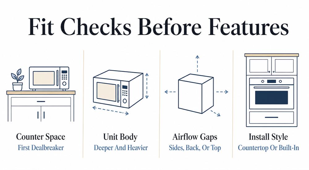 Key fit checks for convection microwaves, including counter space, body depth, airflow gaps, and installation style.