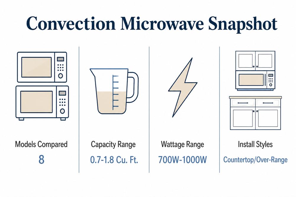 Quick comparison of model count, capacity range, wattage range, and installation styles for convection microwaves.
