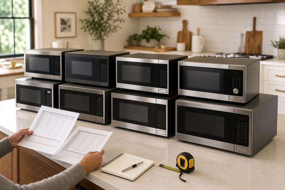 Overhead shot of assorted countertop convection microwave ovens, measuring tape, recipe card, and testing notebook on a bright suburban kitchen island.