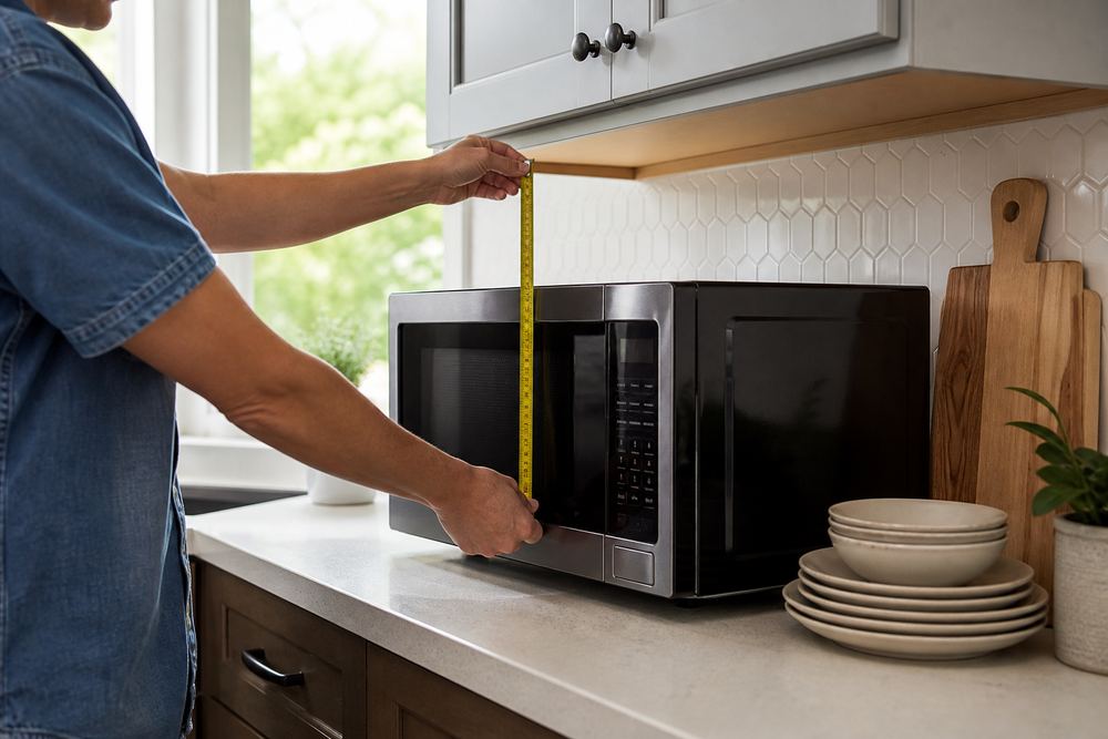 Overhead photo of a measuring tape spanning a countertop convection microwave beside dinner plates and a casserole dish in a bright suburban kitchen.