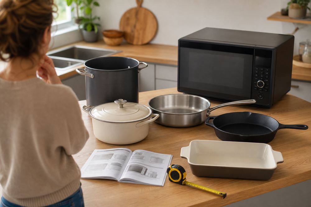 Side-view of a countertop convection microwave glowing in a modern kitchen, with a plug-in power meter visible near the outlet.