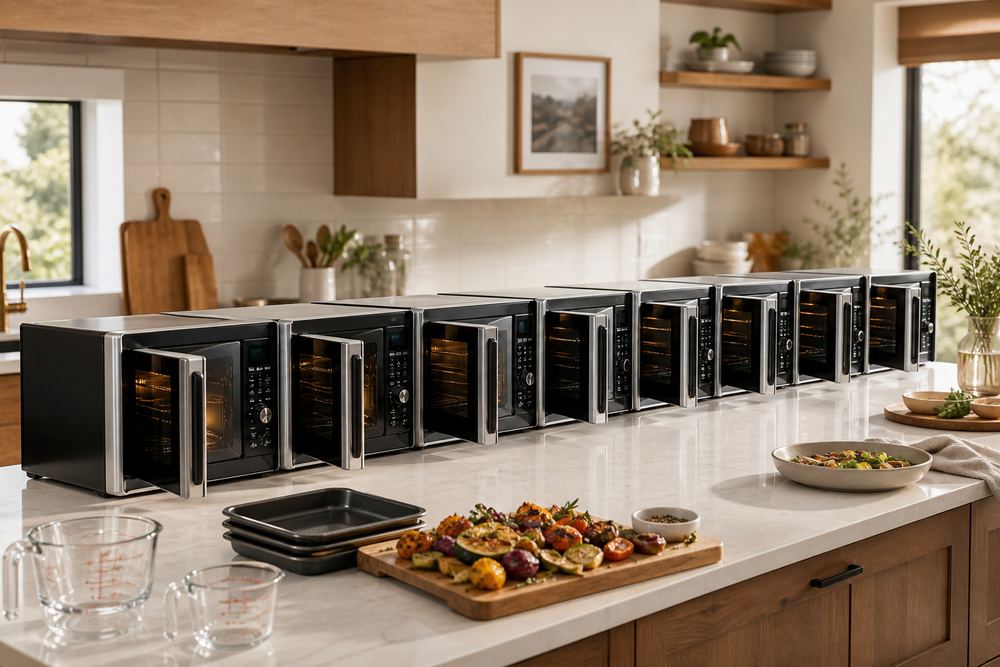 Eight convection microwave ovens lined on a bright kitchen counter, doors slightly open, with baking trays, mugs, and measuring spoons nearby.