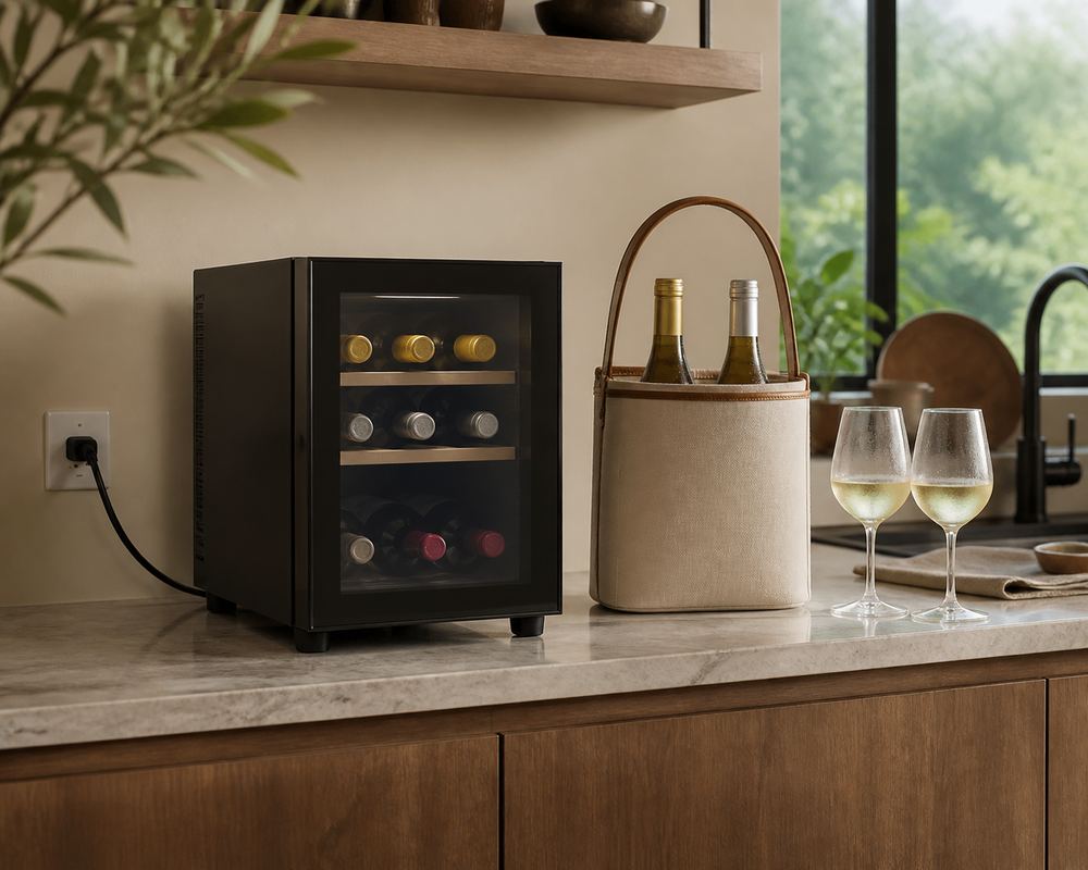 Open insulated wine tote beside compact powered cooler on a marble kitchen island, wine bottles visible, outlet and cabinets softly blurred.