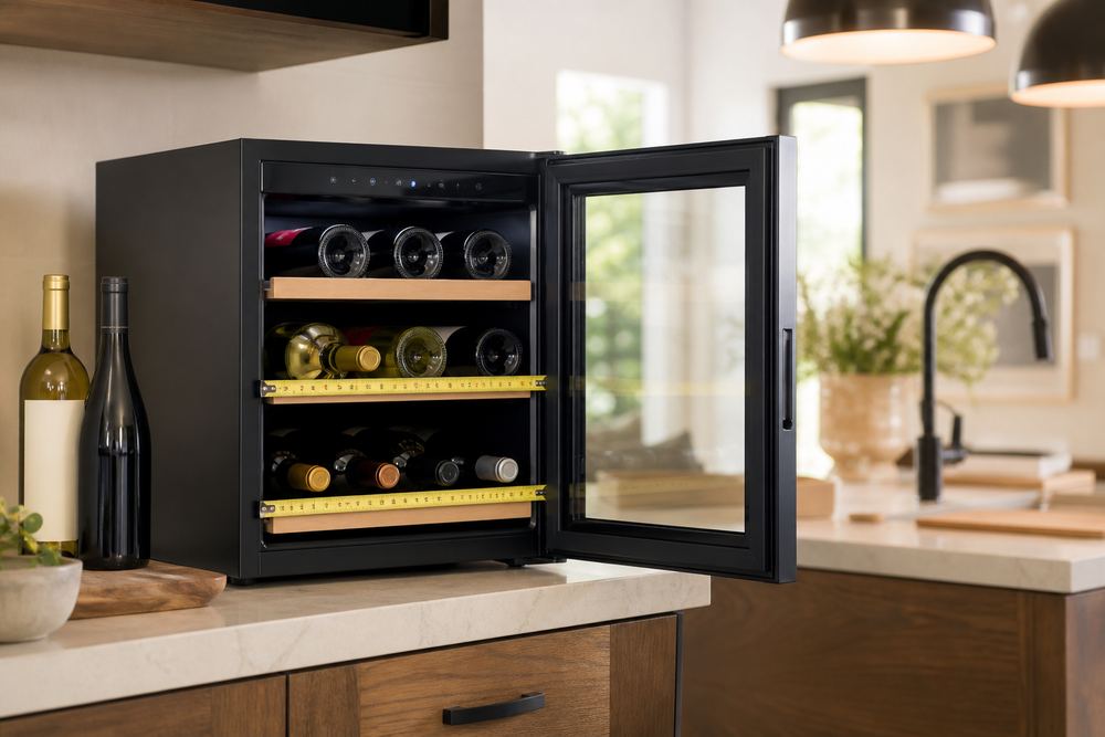 Open portable wine cooler on a kitchen counter, filled with varied bottle shapes beside removed shelves and a measuring tape.