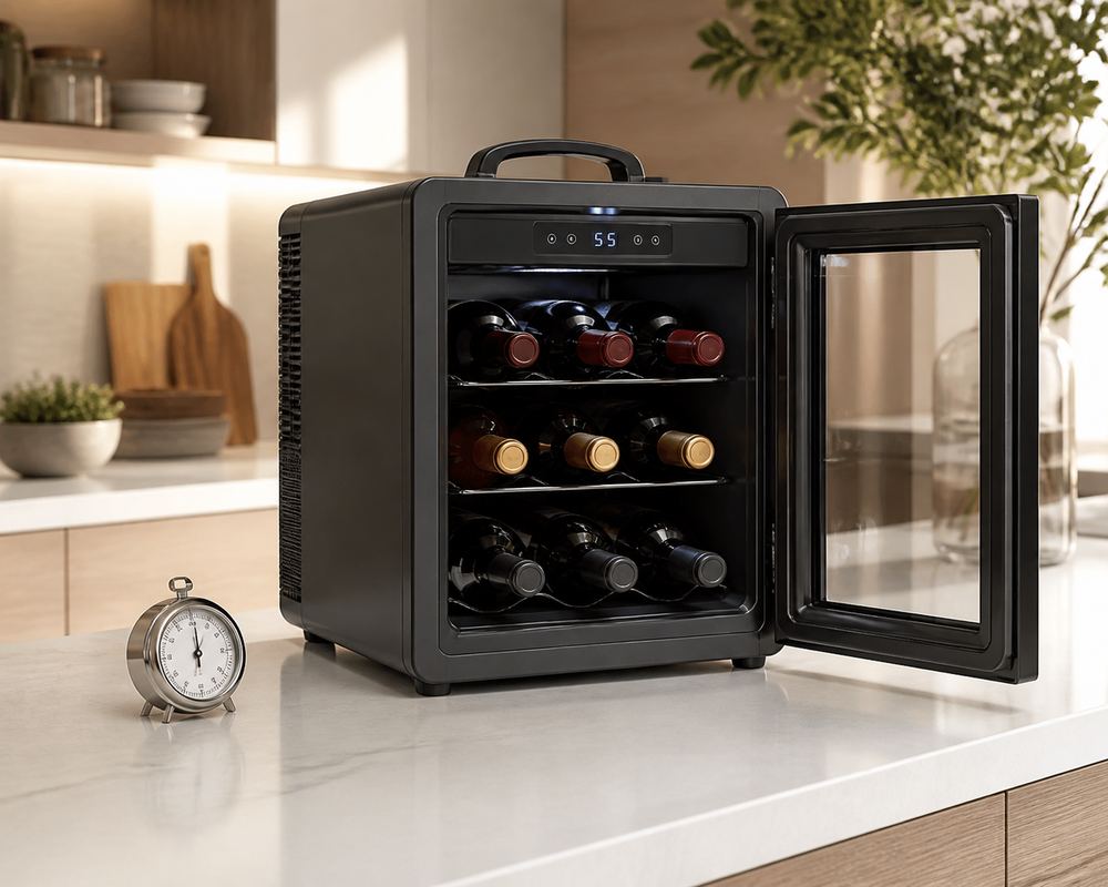 Over-the-shoulder view of a shopper checking a compact wine cooler display beside a kitchen counter thermometer and chilled bottles.