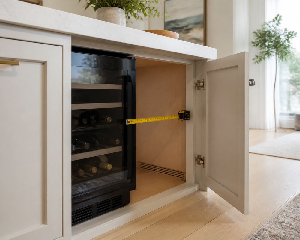 Side-angle kitchen photo of a compact wine cooler half-slid into cabinetry, tape measure, open door clearance, rear vent gap visible.