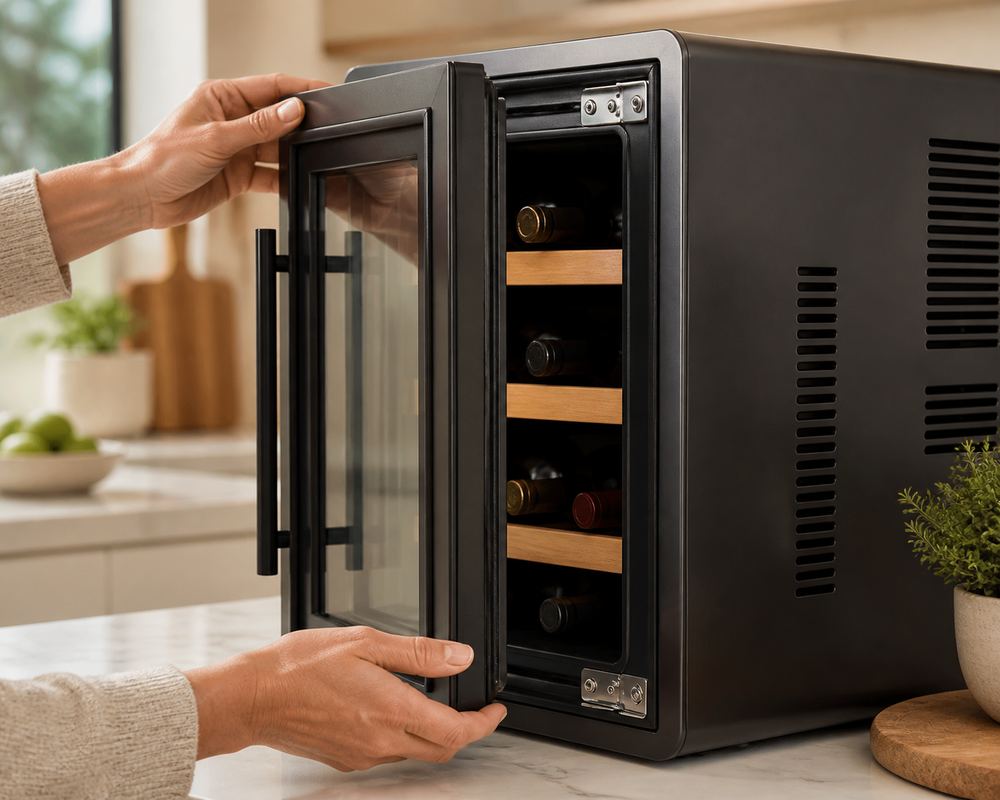 Side-angle close-up of hands inspecting a portable wine cooler’s hinge, handle, and vent seams on a marble kitchen island.