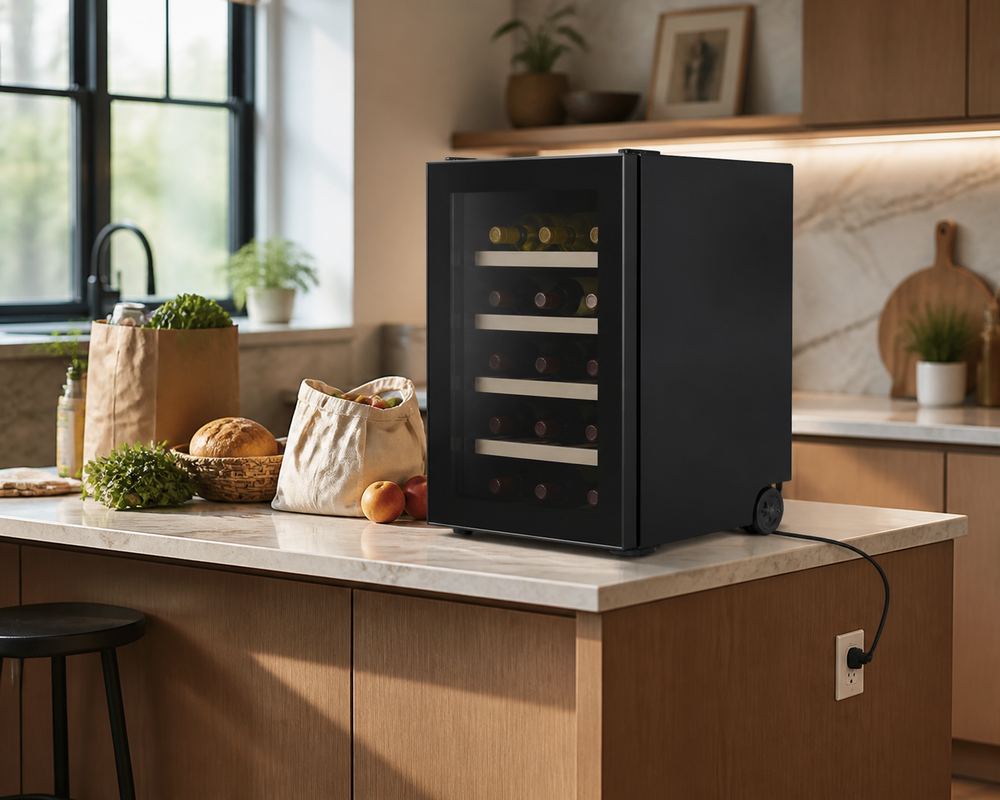 Compact wine cooler on a kitchen counter beside measuring tape, half-open cabinet clearance, and grocery tote, person turned away unpacking bottles.