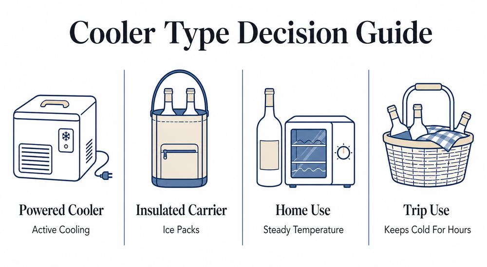 Comparison of powered wine coolers and insulated carriers for home chilling, trips, and storage needs.