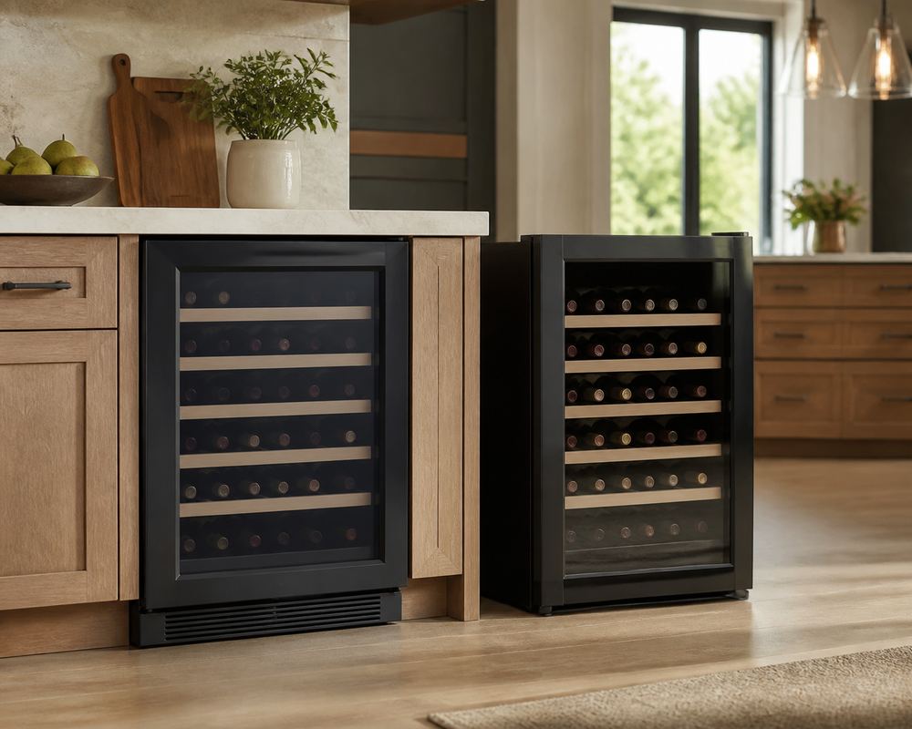 Side-by-side modern kitchen scene: under-counter wine cooler flush with cabinetry, freestanding cooler nearby with visible side clearance and rear ventilation space.