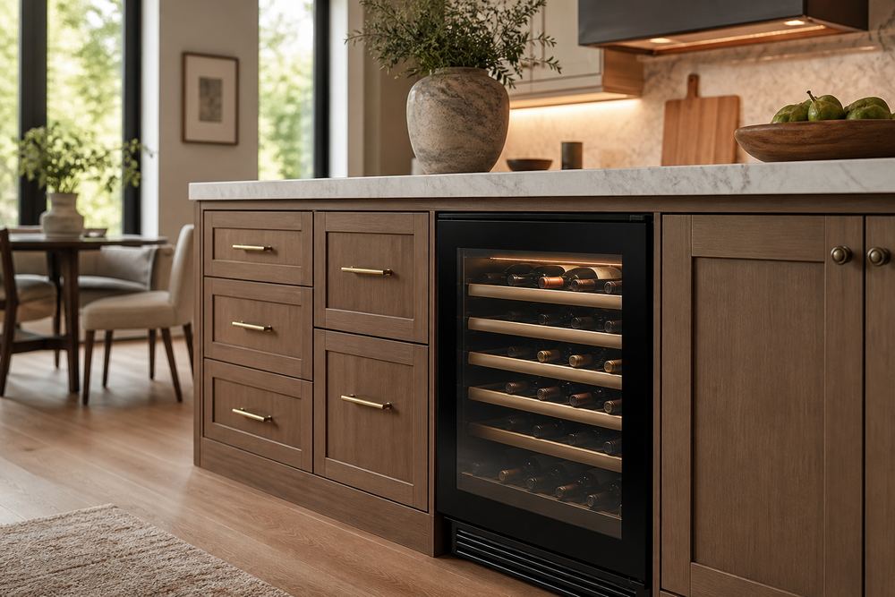 Side-angle kitchen shot comparing a toe-kick vented undercounter wine cooler with a freestanding unit showing rear clearance.