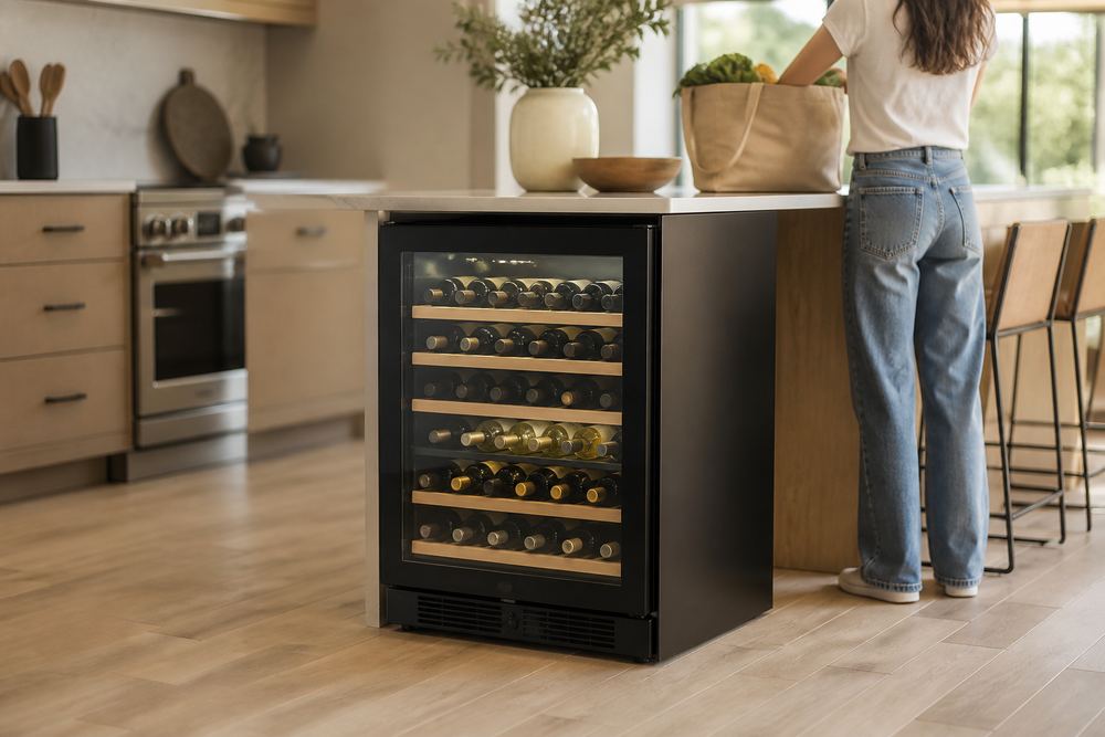 Side-by-side kitchen scene showing an under-counter wine cooler in cabinetry and a freestanding cooler near a dining nook.