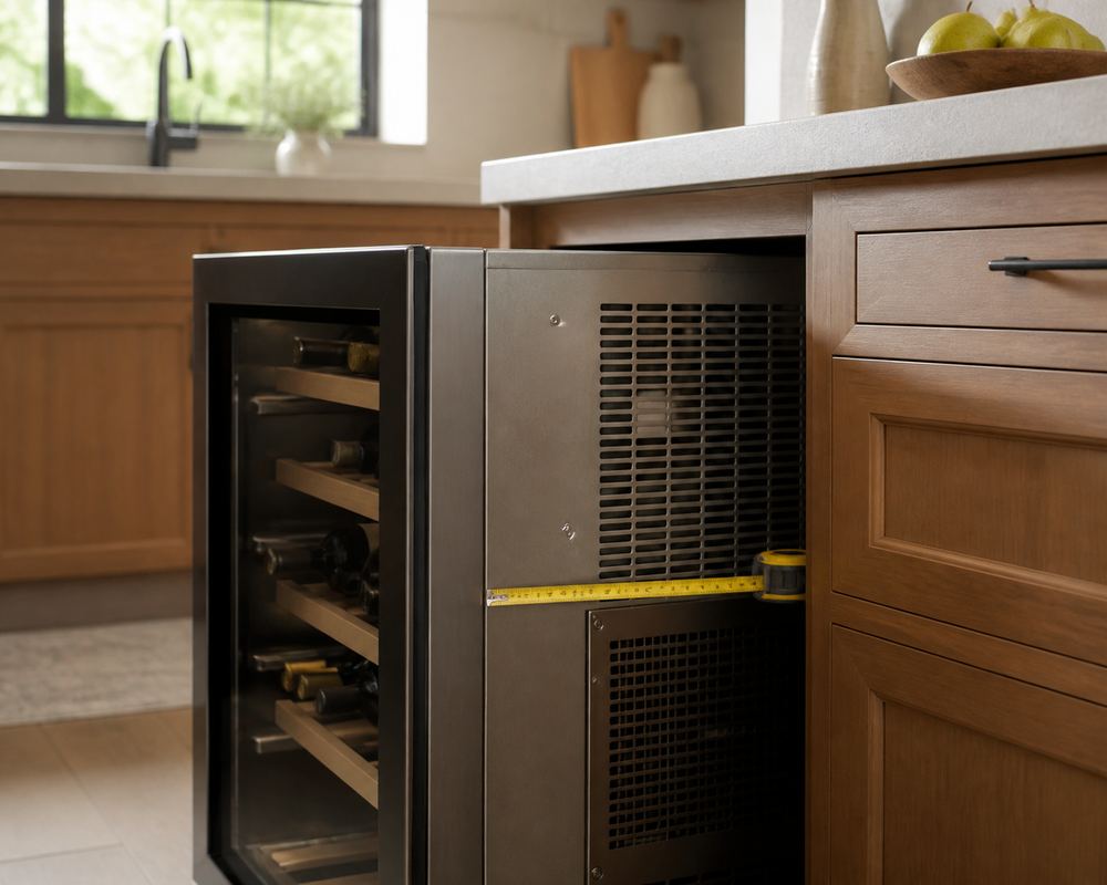 Side-angle photo of a cabinet cutout with a half-slid wine cooler, visible ventilation gap, leveling feet, tape measure, and adjacent base cabinets.