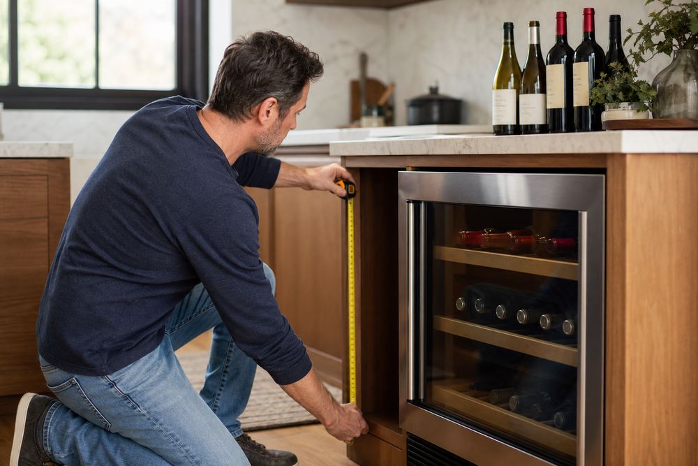 Side-angle kitchen scene showing a built-in wine cooler under counter, thermometer nearby, quiet compressor vent, and casual dinner prep in background.