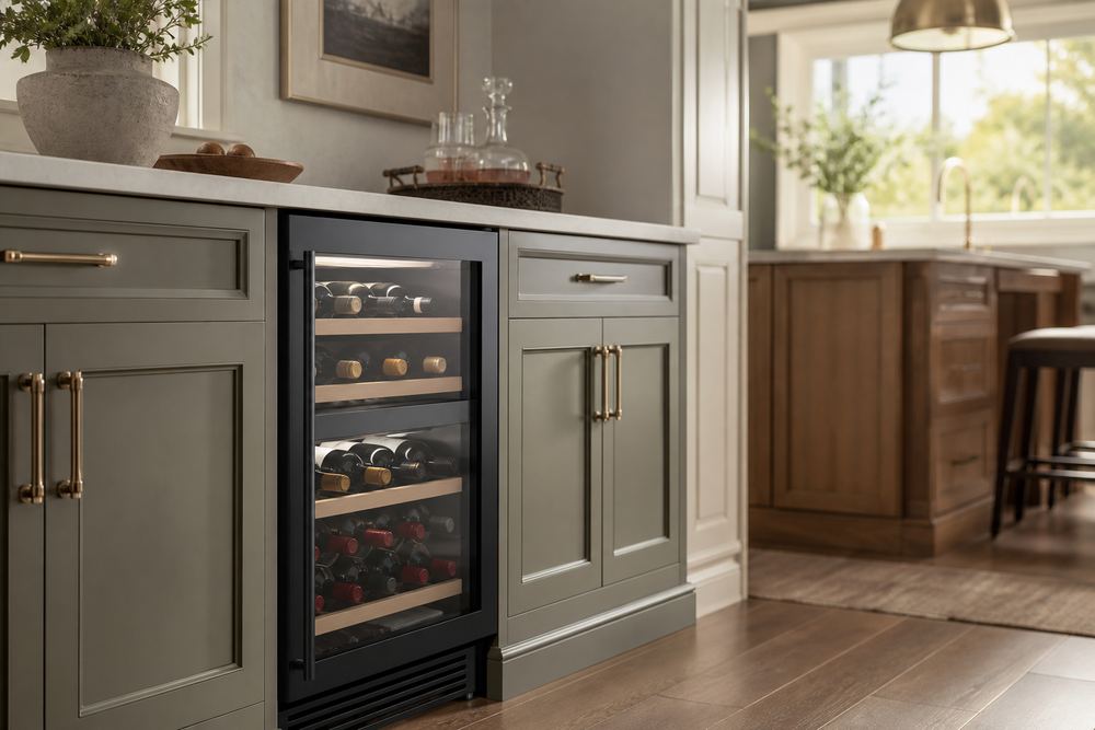Contractor kneeling beside a half-slid built-in wine cooler, replacement freestanding unit nearby, receipts and tools on a kitchen island.
