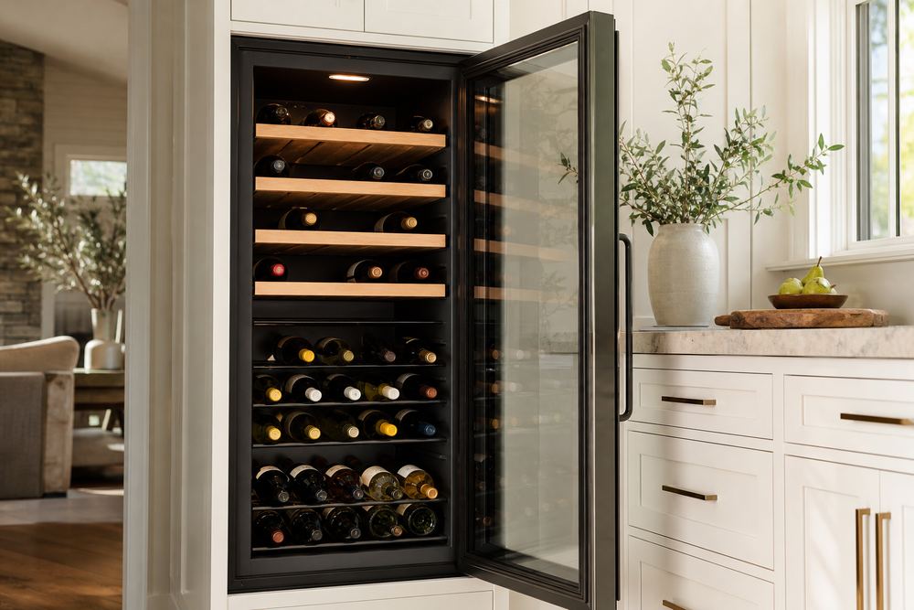 Side view of a homeowner placing everyday bottles in an under-counter wine cooler, with a larger built-in cellar unit visible nearby.