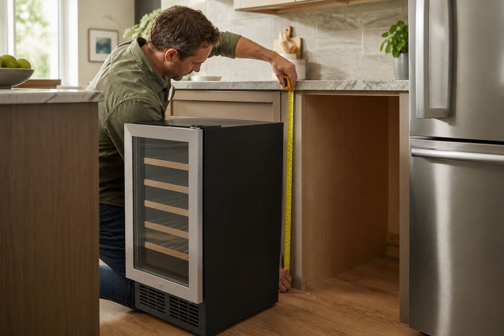 Side-angle photo of a homeowner measuring under-counter kitchen space beside stainless appliances, freestanding wine cooler nearby, cabinet panels and outlet visible.