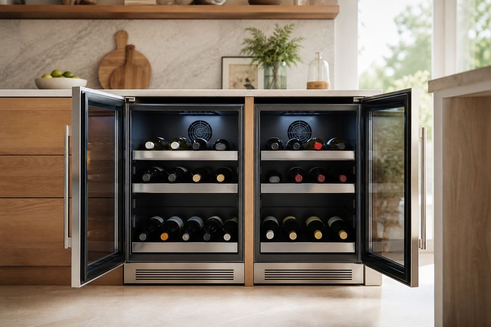 Side-view kitchen counter scene with two open wine coolers, visible compressor coils and thermoelectric module, bottles resting inside under warm cabinet light.