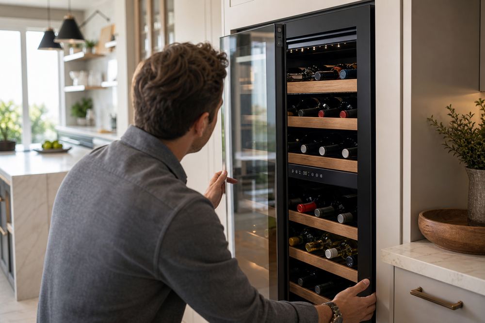 Over-shoulder view of someone opening a built-in wine cooler, inspecting sliding shelves, tinted glass door, and touch controls in a bright kitchen.