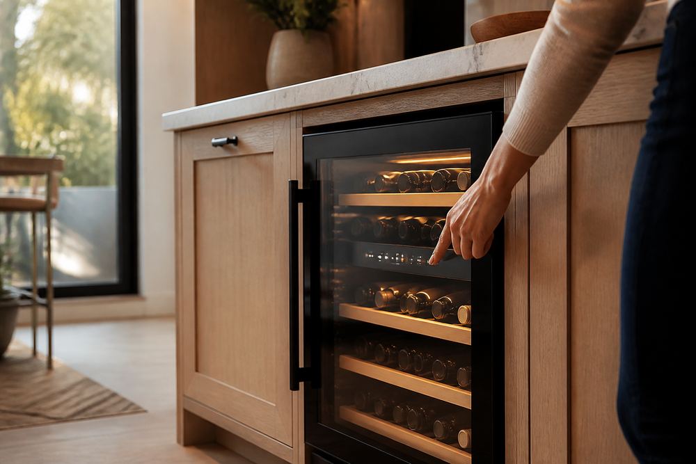 Open wine cooler drawer in a compact kitchen island, showing adjustable racks, soft interior lighting, and bottles beside neatly stored produce.