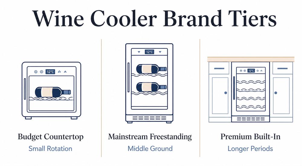 Three wine cooler brand tiers matched to small rotations, middle-ground homes, and longer bottle storage.