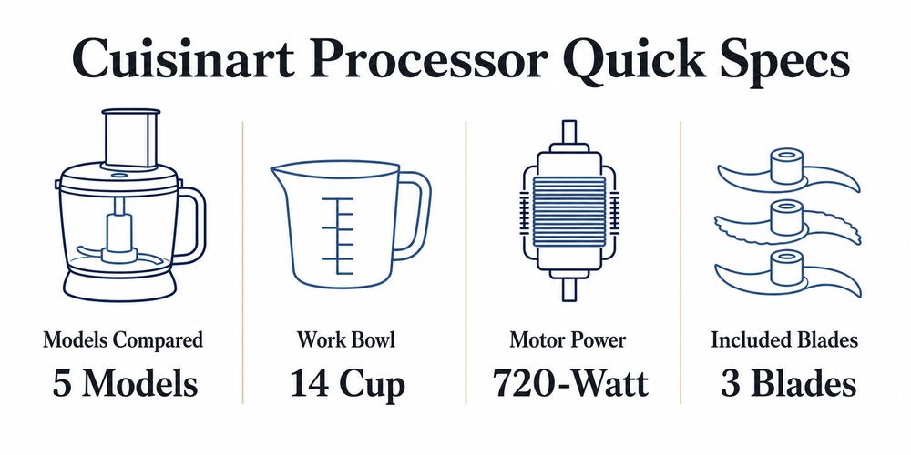 Quick comparison of Cuisinart food processor models by count, bowl capacity, motor power, and included blades.