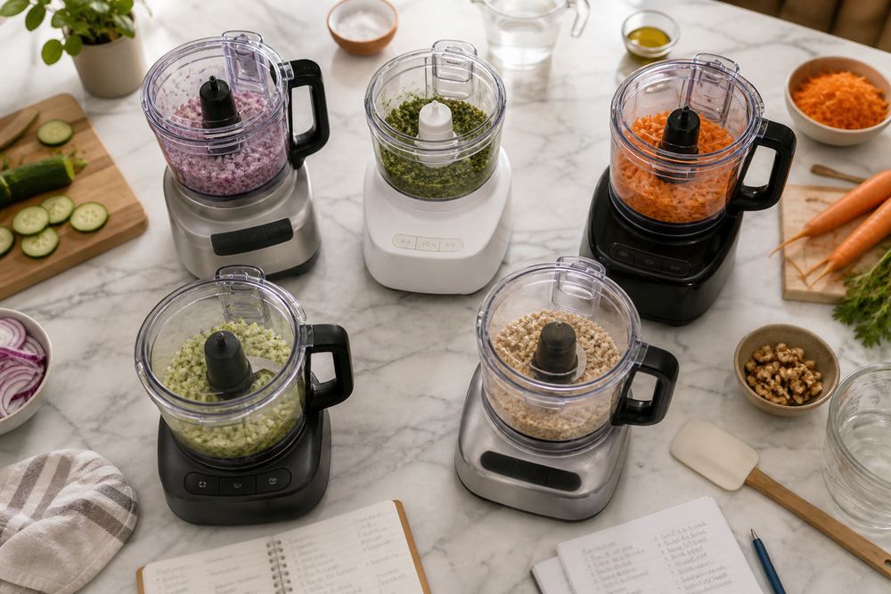 Overhead shot of five large food processors on a marble counter, comparison notes, measuring cups, shredded vegetables, and test ingredients nearby.