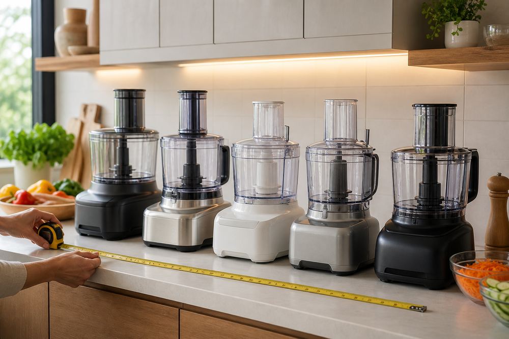 Compact apartment kitchen counter with a large food processor beside measuring cups, cabinets open, cook’s hands arranging storage space.