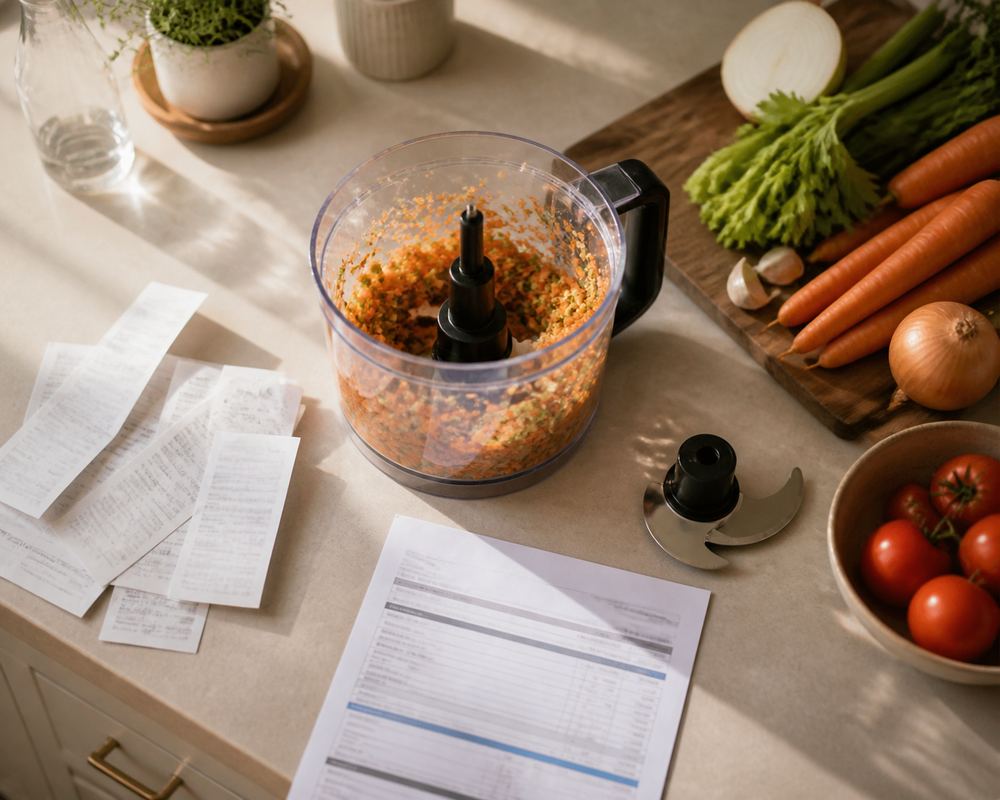 Overhead kitchen counter scene with food processor bowl, worn blade, replacement gasket, receipt, and small screwdriver beside chopped carrots.
