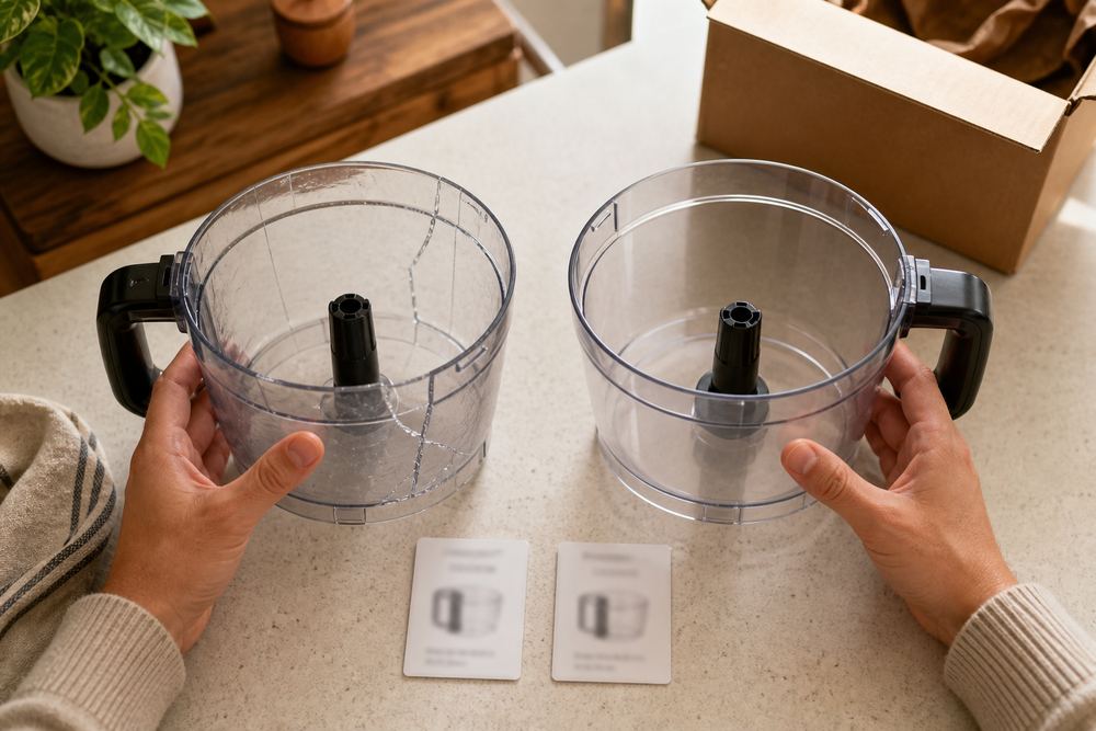 Overhead photo of hands comparing a cracked food processor bowl with a replacement part beside model numbers on a kitchen counter.