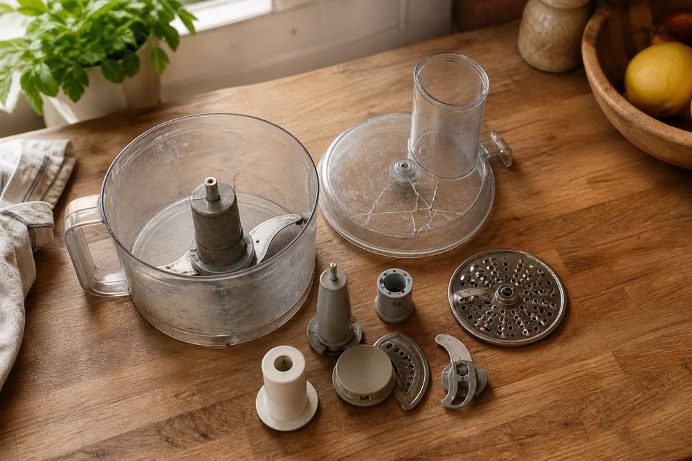 Overhead photo of worn processor bowl, cracked lid, dull blade, and replacement parts arranged on a butcher-block kitchen counter.