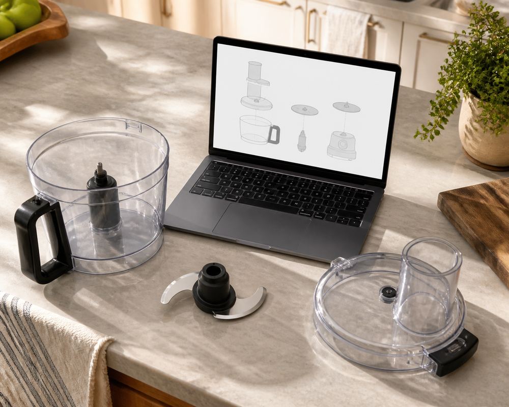 Overhead photo of food processor bowl, blade, and lid beside a laptop parts diagram on a sunny kitchen counter.