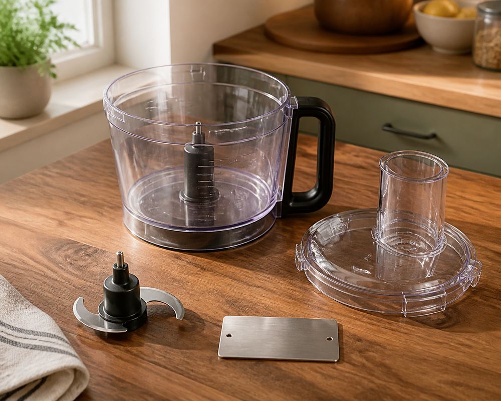 Overhead shot of measured food processor bowl, blade, and lid beside a model number plate on a warm kitchen counter.