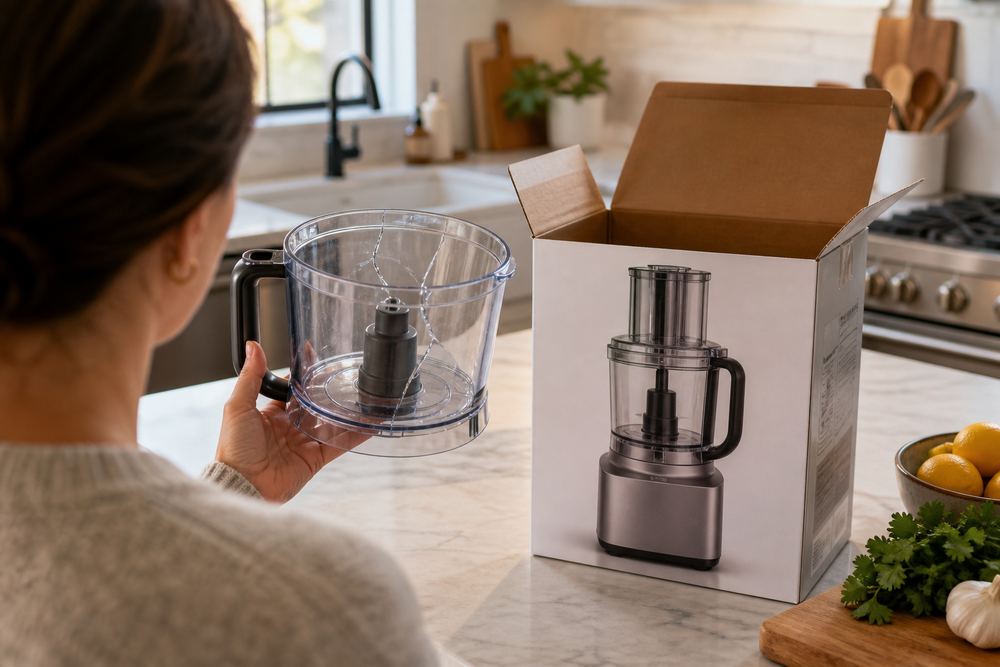 Over-the-shoulder view of a shopper comparing a cracked food processor bowl with a boxed new processor on a bright kitchen island.