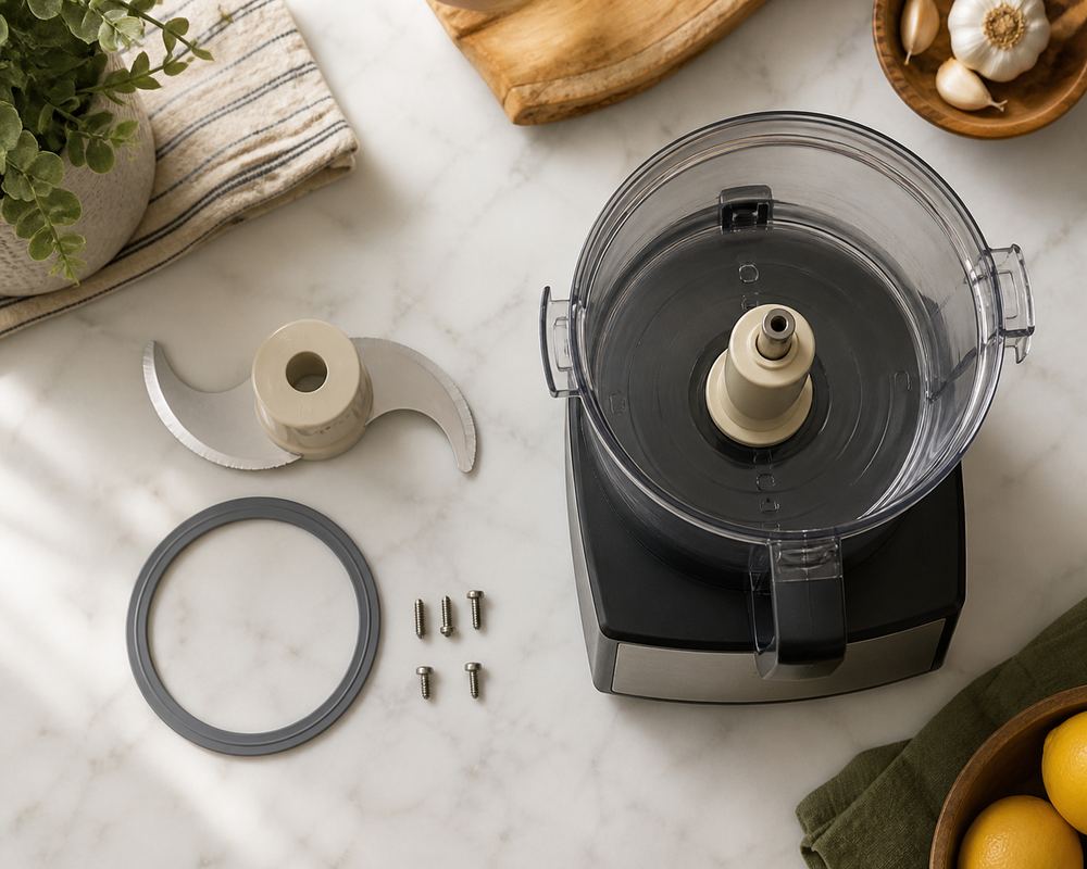 Overhead photo of replacement blade, gasket, and screws laid beside an open food processor bowl on a clean kitchen counter.