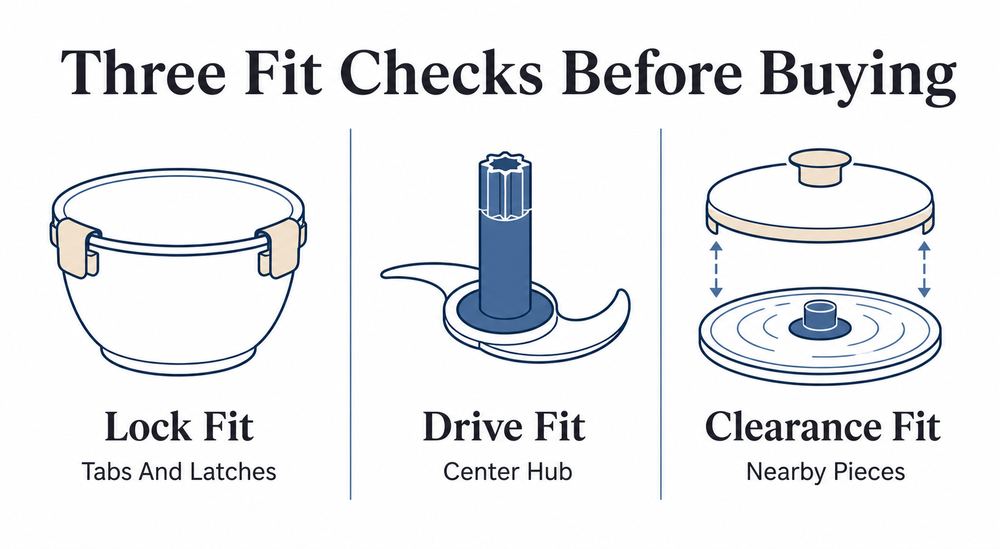 Quick buyer checklist comparing lock points, drive hub, and clearance before ordering Hamilton Beach processor parts.