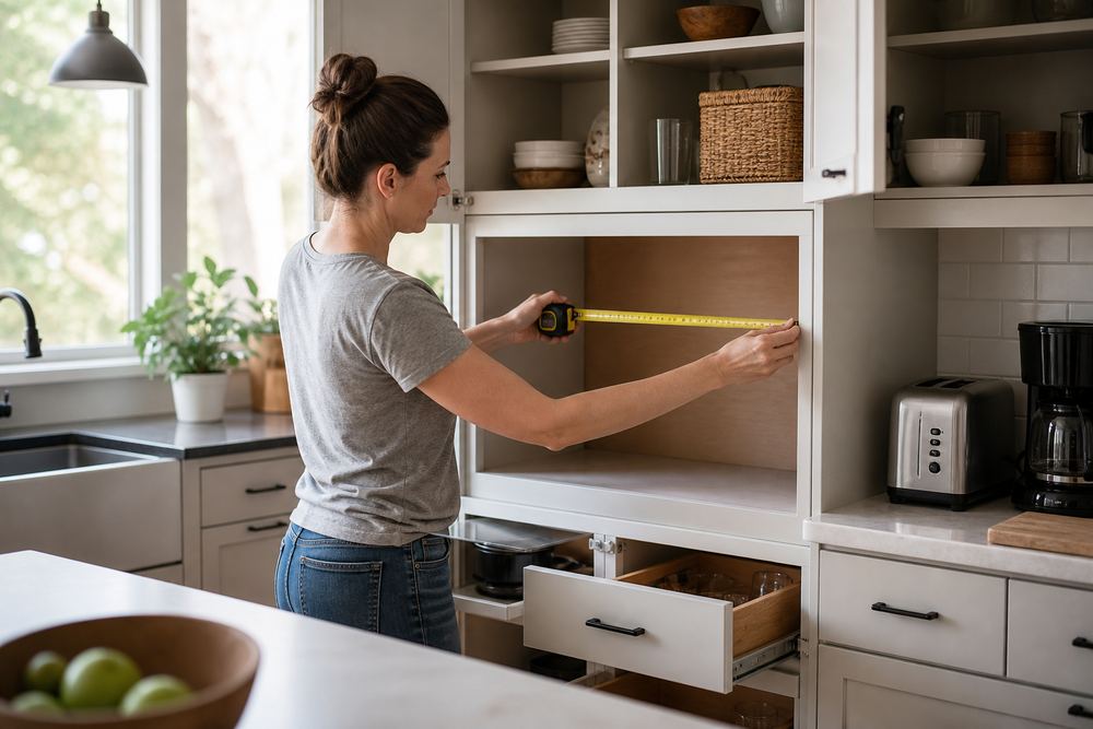 Side view of a homeowner measuring a built-in microwave nook with tape measure, countertop clutter cleared, convection microwave waiting nearby.