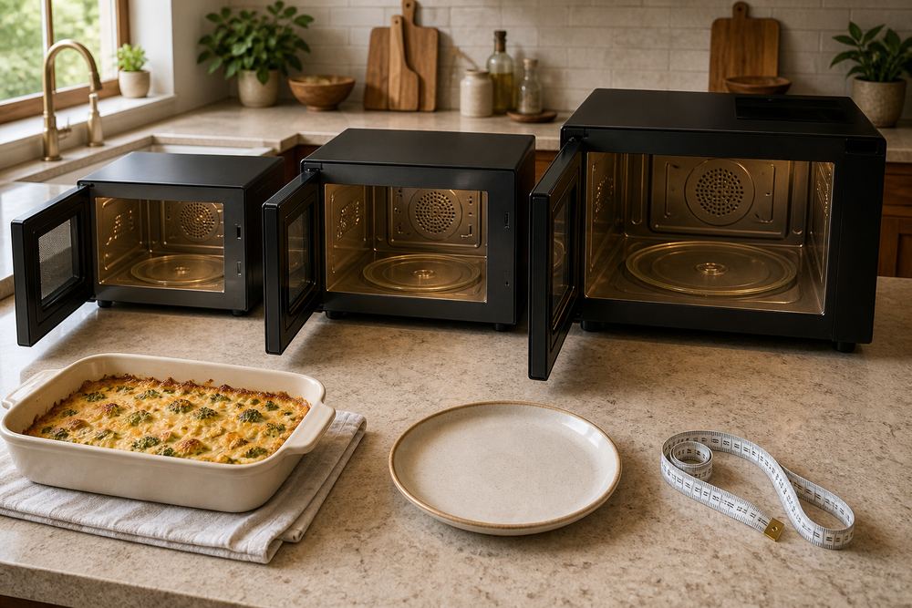 Overhead view of casseroles and dinner plates beside an open convection microwave, showing interior capacity in a bright modern kitchen.