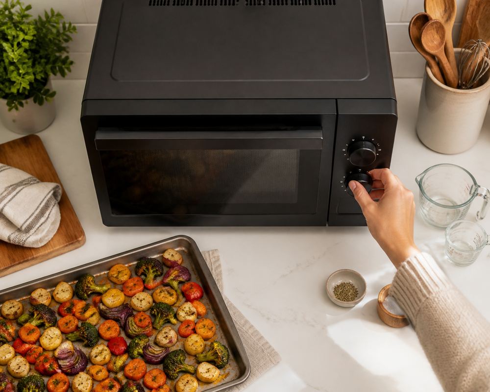 Side-angle kitchen counter shot: open convection microwave, measuring cup, roasted vegetables, and a hand adjusting modest power and mode dials.