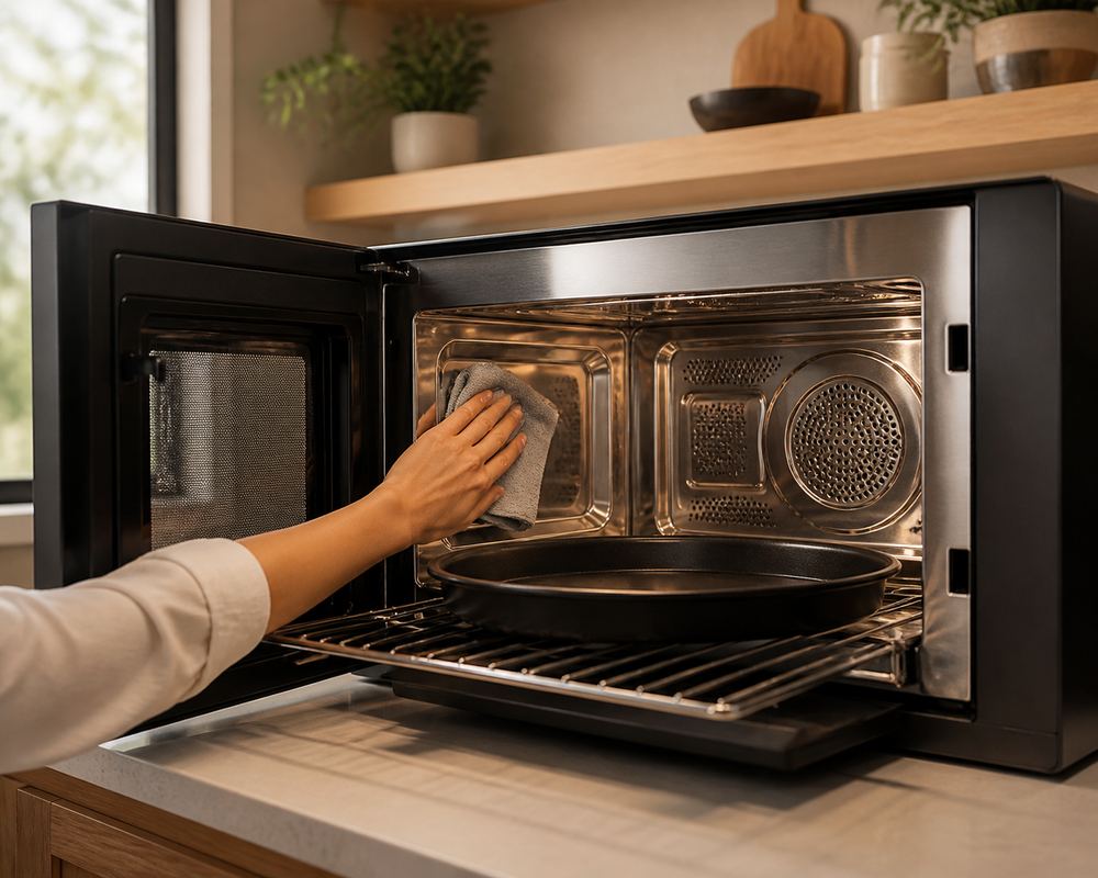Open convection microwave with metal rack, glass turntable, and crisping pan on counter, damp cloth nearby in bright US kitchen.