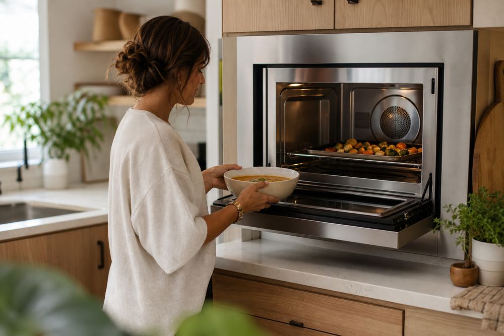 Side-view of a parent reheating dinner while a child sets plates, compact convection microwave integrated above a small countertop in a tidy suburban kitchen.