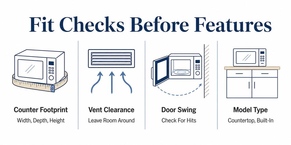 Quick fit checklist for measuring space, vent clearance, door swing, and installation style before choosing features.