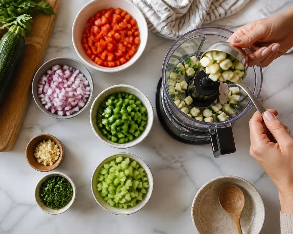 Overhead editorial shot of assorted prep bowls beside a compact food processor bowl on a marble counter, hands measuring chopped vegetables nearby.