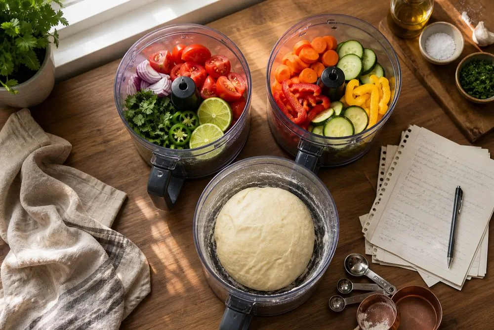 Overhead kitchen counter with three food processor bowls: salsa ingredients, sliced vegetables, and dough beside recipe notes and measuring cups.