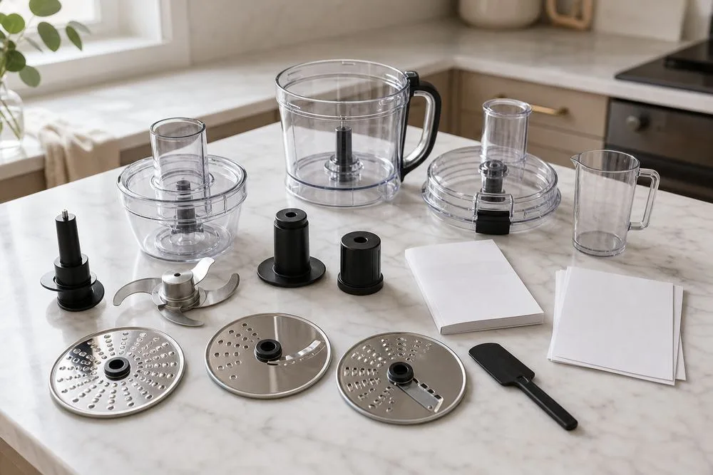 Overhead shot of food processor accessories spread on a marble counter, blades, discs, bowls, and measuring cup beside unpacked manuals.